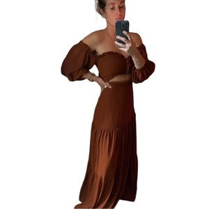 New NWT rust Brown Off-Shoulder Maxi cut out balloon sleeve Dress boho women’s s